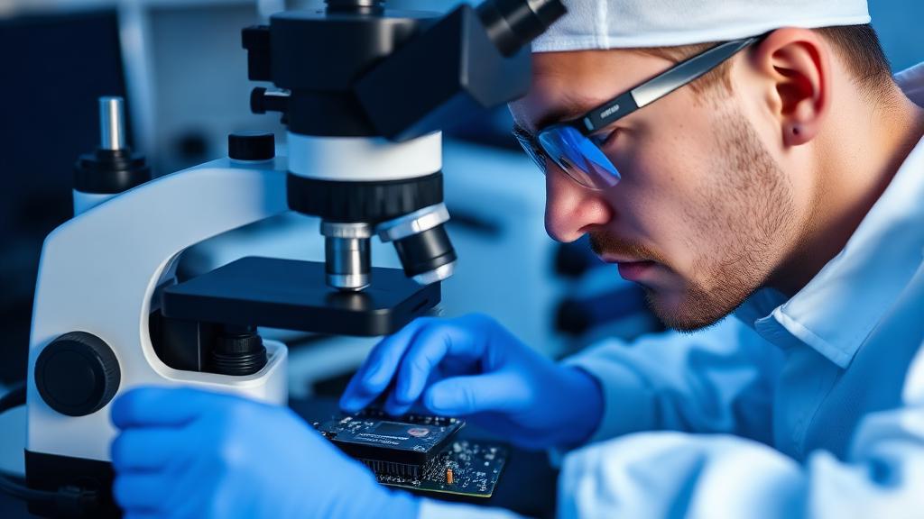 Technician performing microscope chip-level repair on a laptop circuit board