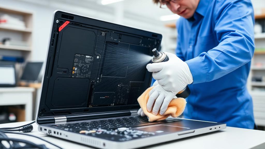 Technician cleaning the inside of a disassembled laptop during maintenance