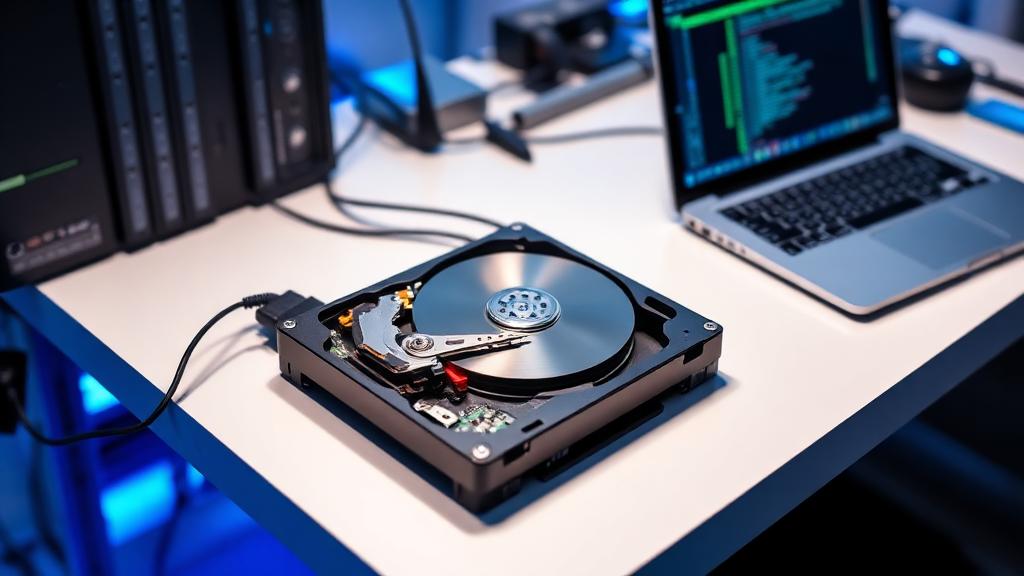 Professional data recovery workstation with an opened hard disk drive