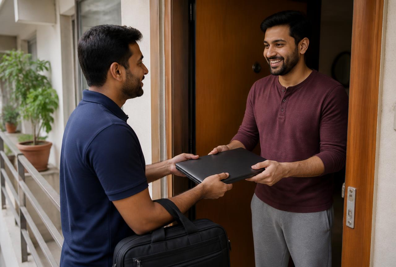 Technician handing a repaired laptop back to a customer at their home in Pune