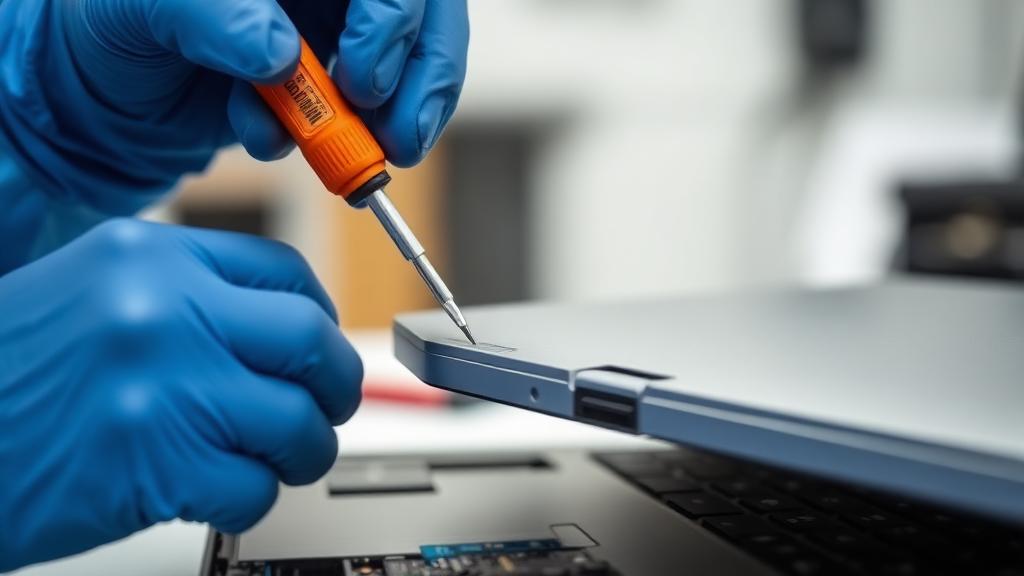 Technician repairing a broken laptop lid hinge with a screwdriver
