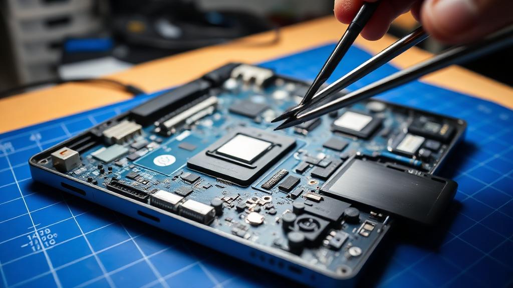 Laptop motherboard being repaired with tweezers on an anti-static mat