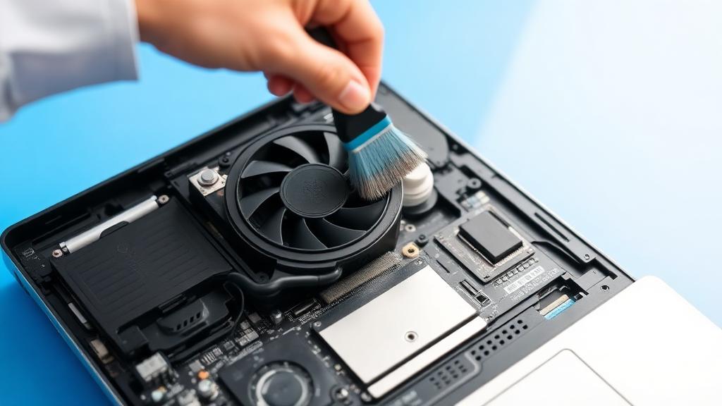 Laptop cooling fan being cleaned to fix overheating and shutdowns