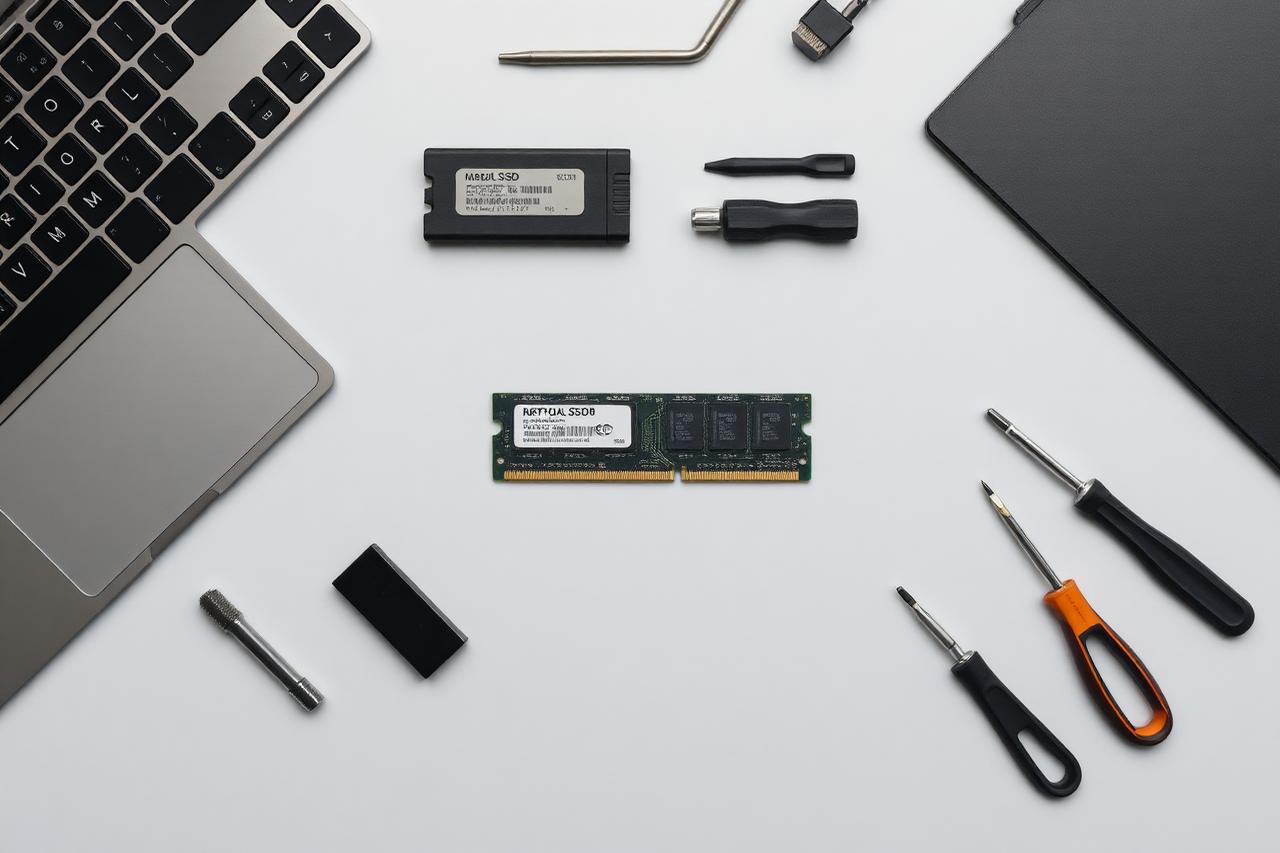 Laptop SSD, RAM module, screwdrivers and spare parts laid out on a repair workbench