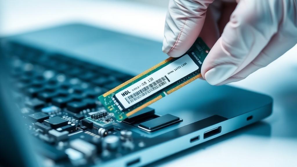 Laptop RAM memory module being installed into a memory slot