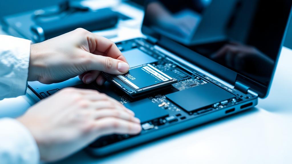 New SSD being installed into an open laptop during an upgrade