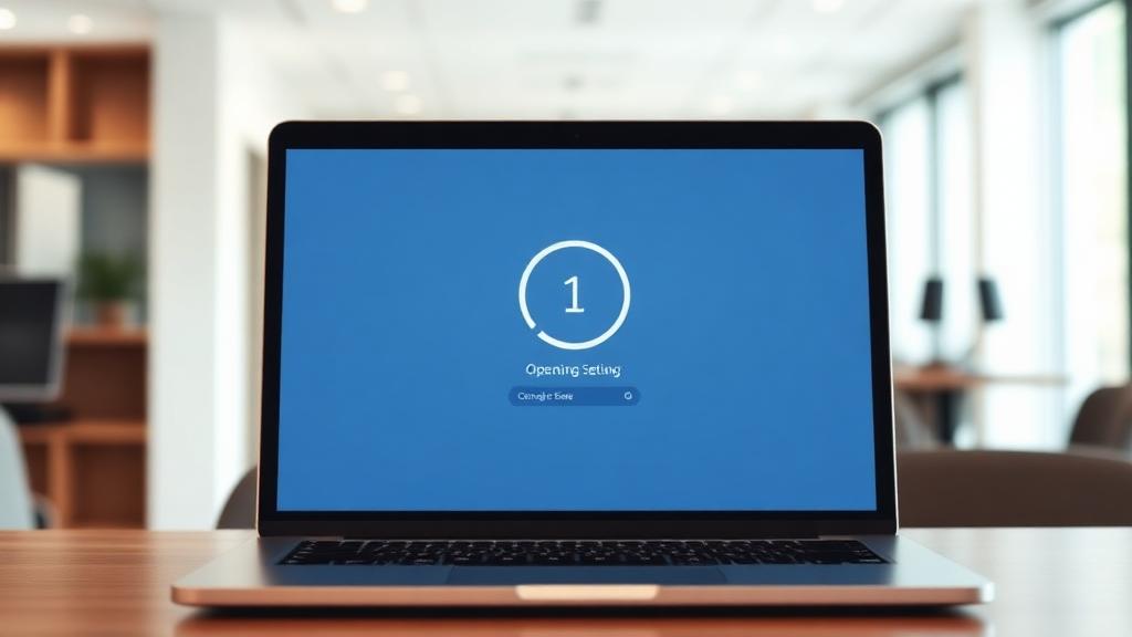 Laptop on a desk showing an operating system installation setup screen